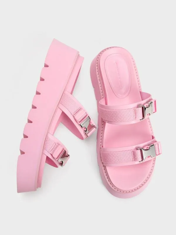 Women Laine MetallicBuckle Flatform Sandals 8211 Light Pink CHARLES and KEITH Sandals