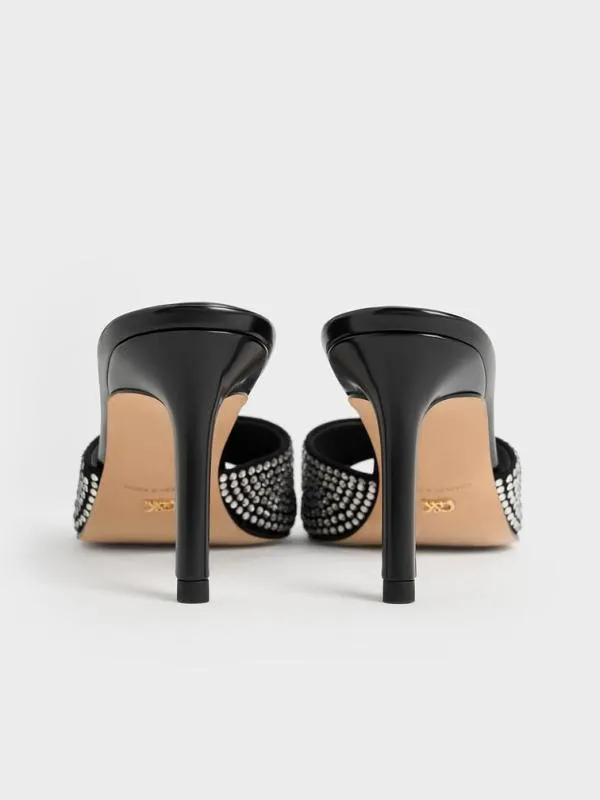 Women Leather and Suede CrystalEmbellished BuckleStrap Heeled Mules 8211 Black CHARLES and KEITH Heels
