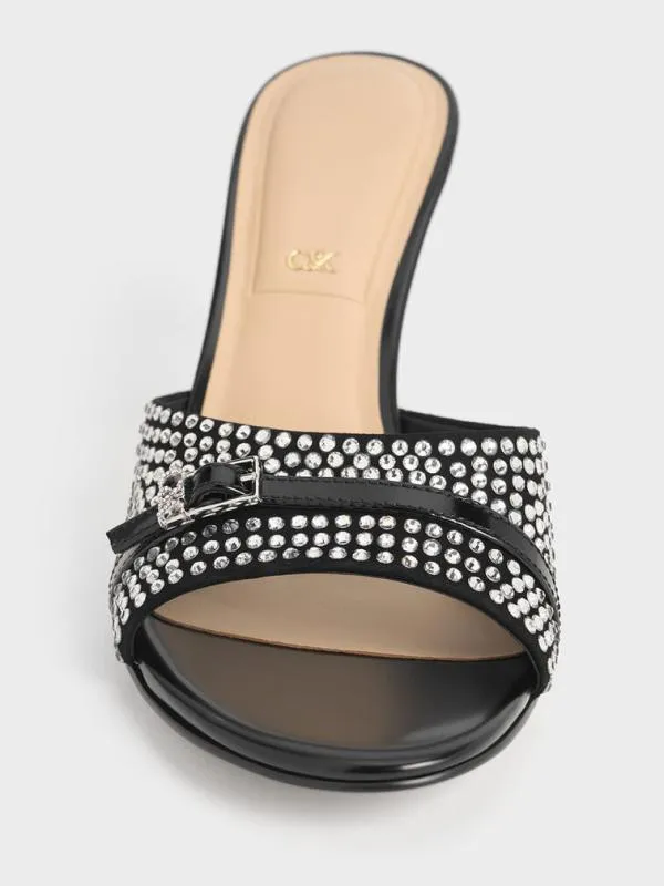 Women Leather and Suede CrystalEmbellished BuckleStrap Heeled Mules 8211 Black CHARLES and KEITH Heels