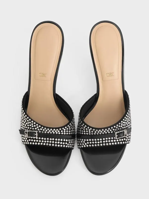 Women Leather and Suede CrystalEmbellished BuckleStrap Heeled Mules 8211 Black CHARLES and KEITH Heels