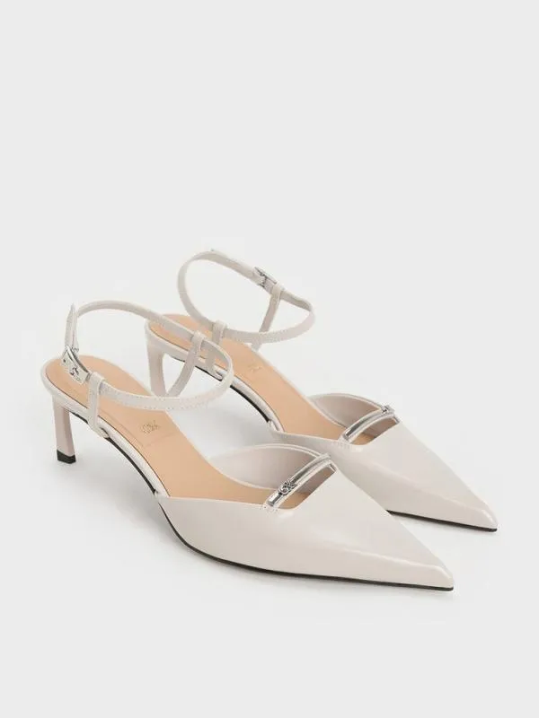 Women Leather KittenHeel AnkleStrap PointedToe Pumps 8211 Light Grey CHARLES and KEITH Heels