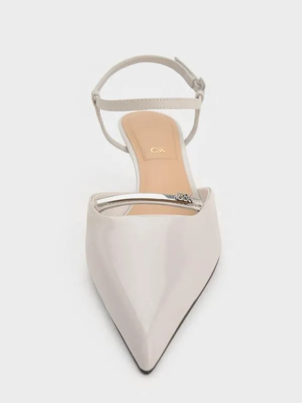 Women Leather KittenHeel AnkleStrap PointedToe Pumps 8211 Light Grey CHARLES and KEITH Heels