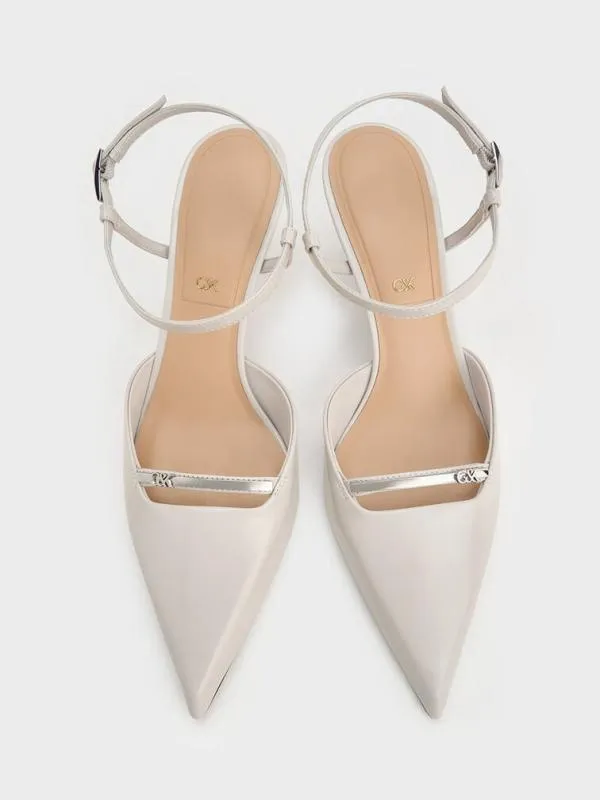 Women Leather KittenHeel AnkleStrap PointedToe Pumps 8211 Light Grey CHARLES and KEITH Heels