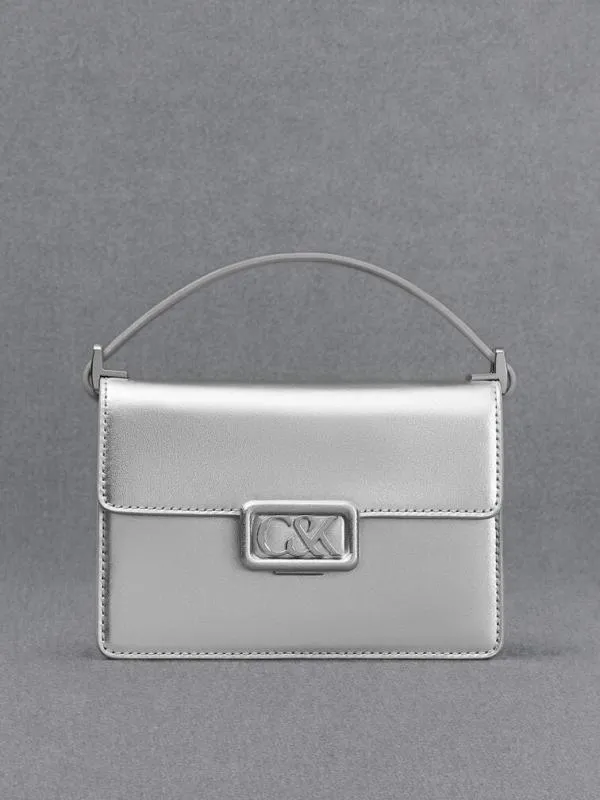 Women Leather Metallic Boxy Bag 8211 Silver CHARLES and KEITH Shoulder Bags