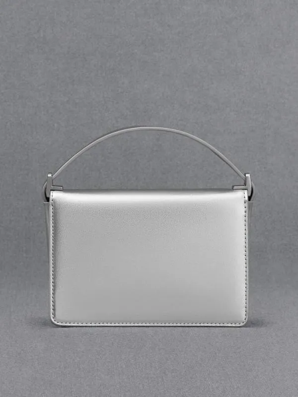 Women Leather Metallic Boxy Bag 8211 Silver CHARLES and KEITH Shoulder Bags