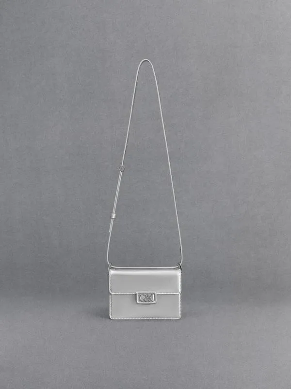 Women Leather Metallic Boxy Bag 8211 Silver CHARLES and KEITH Shoulder Bags