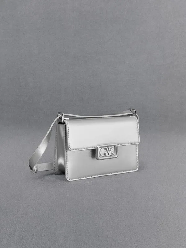 Women Leather Metallic Boxy Bag 8211 Silver CHARLES and KEITH Shoulder Bags