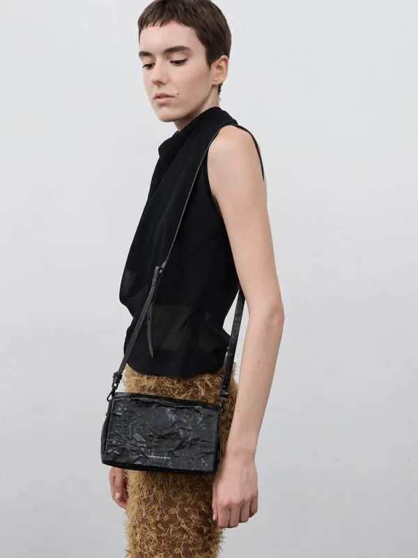 Women Matina CrinkleEffect Crossbody Bag 8211 Jet Black CHARLES and KEITH Crossbody Bags