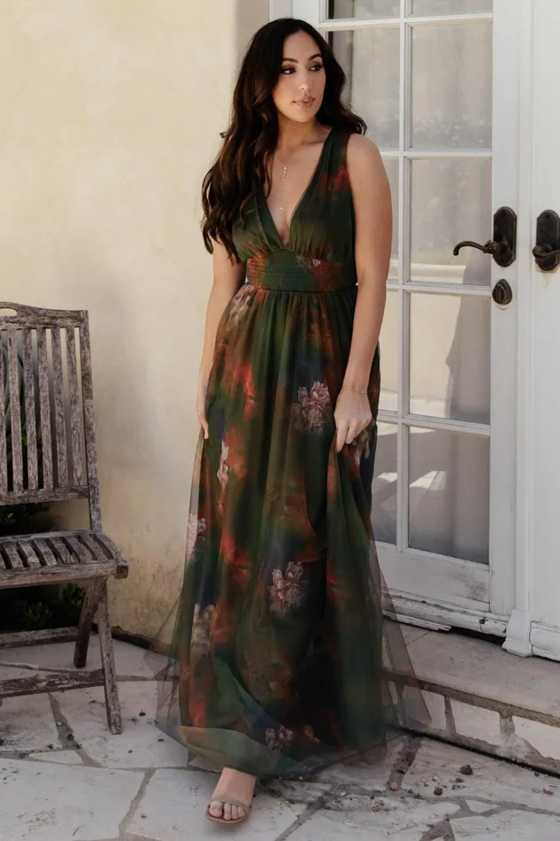 Women Maxi Dresses Baltic Born Kamila Tulle Maxi Dress Olive Multi Floral