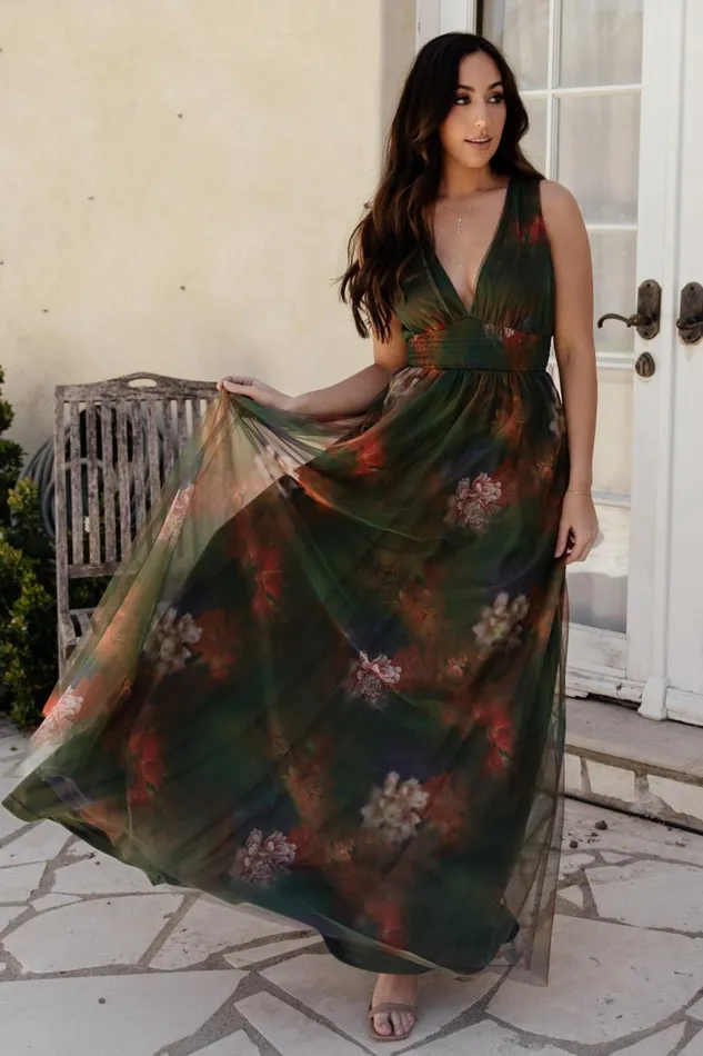 Women Maxi Dresses Baltic Born Kamila Tulle Maxi Dress Olive Multi Floral