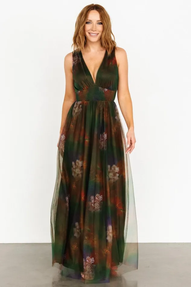 Women Maxi Dresses Baltic Born Kamila Tulle Maxi Dress Olive Multi Floral