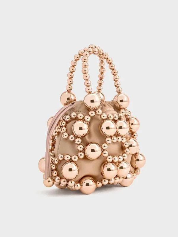 Women Metallic Beaded Top Handle Bag 8211 Rose Gold CHARLES and KEITH Top Handle Bags