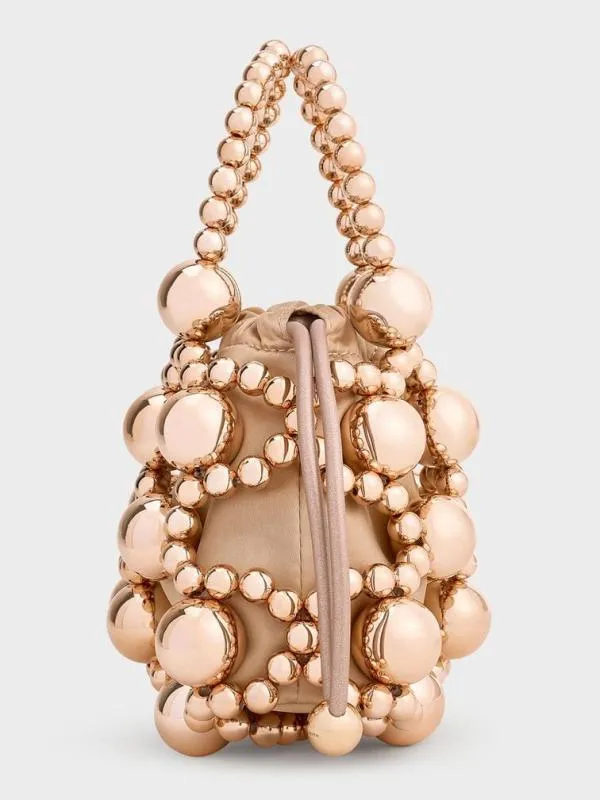Women Metallic Beaded Top Handle Bag 8211 Rose Gold CHARLES and KEITH Top Handle Bags