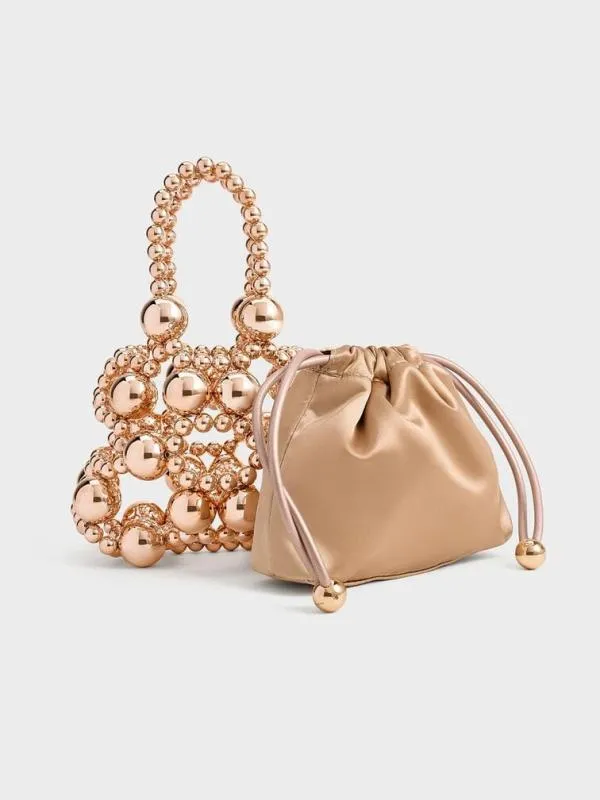 Women Metallic Beaded Top Handle Bag 8211 Rose Gold CHARLES and KEITH Top Handle Bags