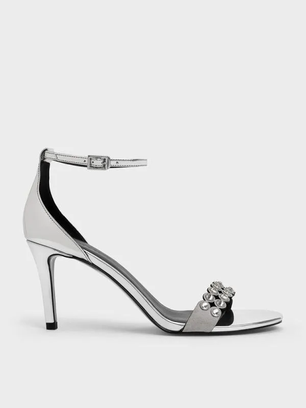 Women Metallic CrystalEmbellished Heeled AnkleStrap Sandals 8211 Silver CHARLES and KEITH Heels Women Metallic CrystalEmbellished Heeled AnkleStrap Sandals 8211 Silver CHARLES and KEITH Heels