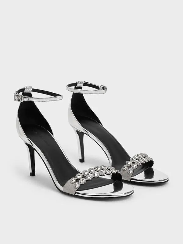 Women Metallic CrystalEmbellished Heeled AnkleStrap Sandals 8211 Silver CHARLES and KEITH Heels