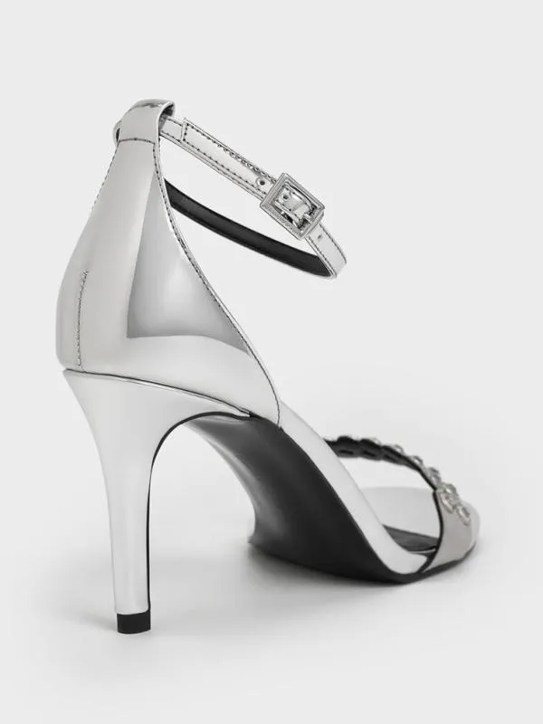 Women Metallic CrystalEmbellished Heeled AnkleStrap Sandals 8211 Silver CHARLES and KEITH Heels