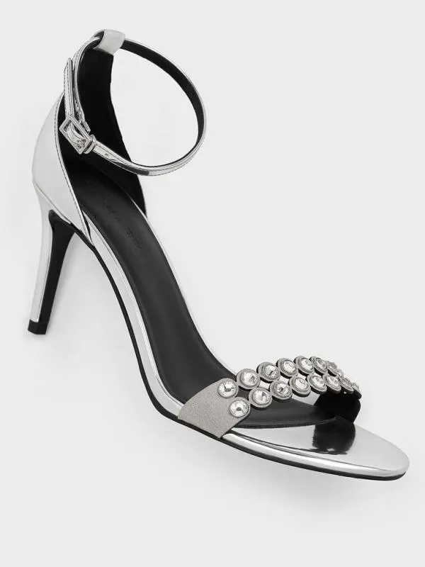 Women Metallic CrystalEmbellished Heeled AnkleStrap Sandals 8211 Silver CHARLES and KEITH Heels