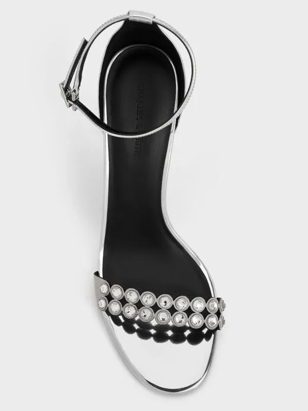 Women Metallic CrystalEmbellished Heeled AnkleStrap Sandals 8211 Silver CHARLES and KEITH Heels