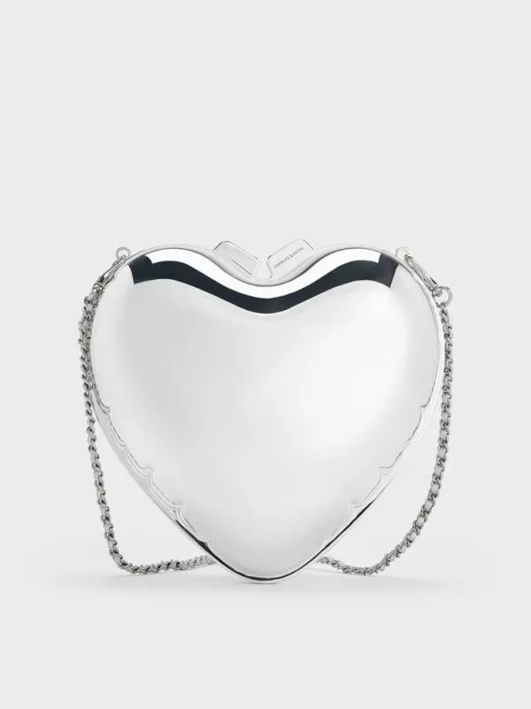 Women Metallic Heart Crossbody Bag 8211 Silver CHARLES and KEITH Clutches