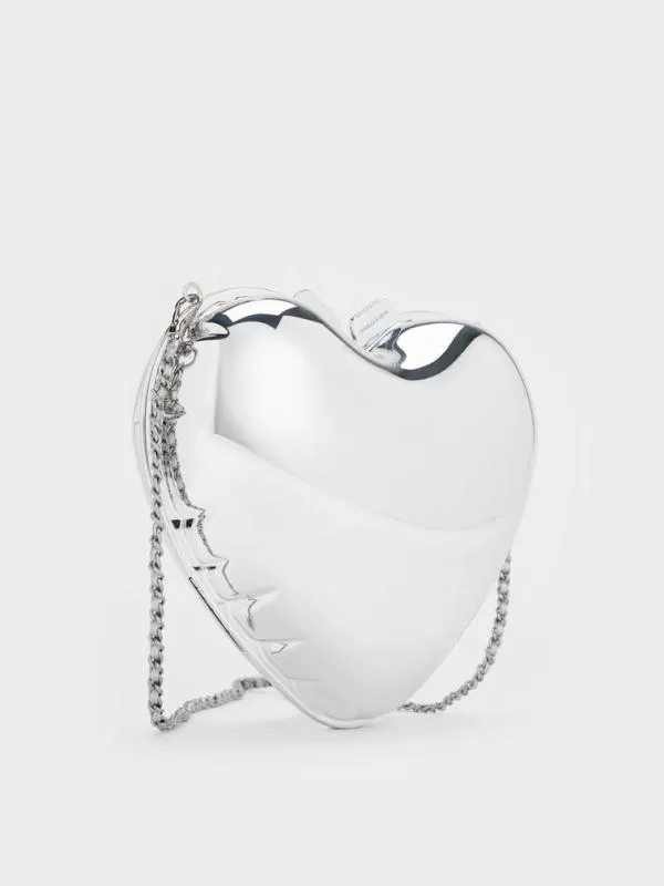 Women Metallic Heart Crossbody Bag 8211 Silver CHARLES and KEITH Clutches