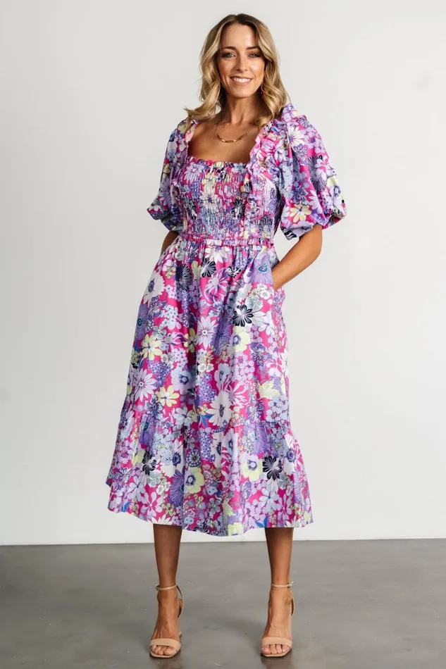 Women Midi Dresses Baltic Born Wendy Puff Sleeve Midi Dress Fuchsia Multi