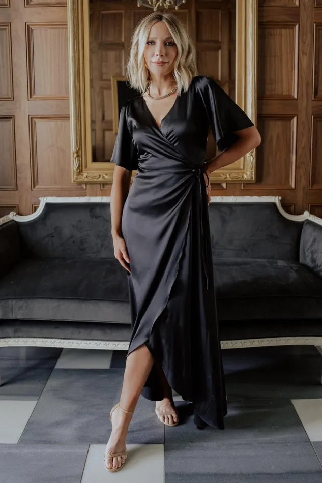 Women Mother Of The Bride Baltic Born Vara Satin Maxi Wrap Dress Black