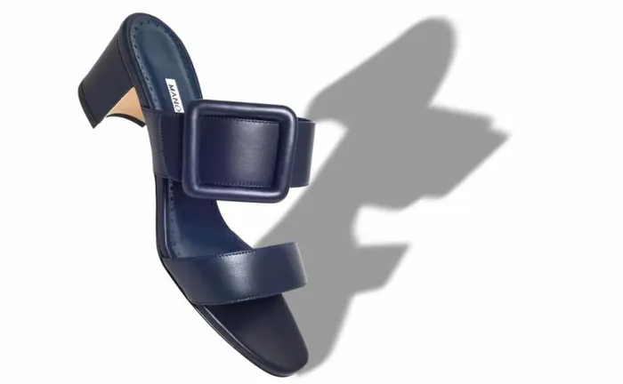 Women Navy Blue Nappa Leather Open Toe Mules Manolo Blahnik Mules