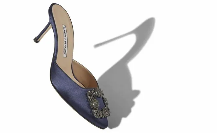 Women Navy Blue Satin Jewel Buckle Mules Manolo Blahnik Mules