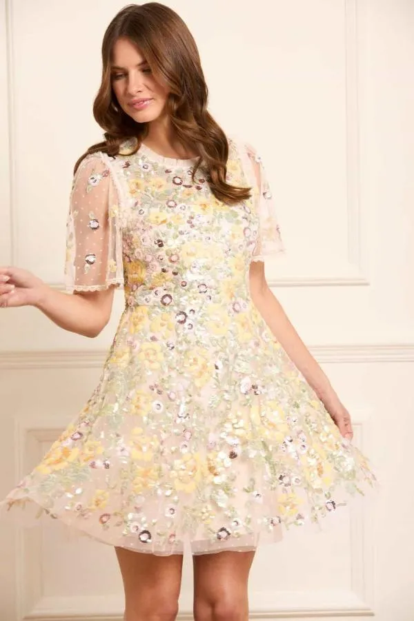 Women Needle and Thread Elina Rose Short Sleeve Mini Dress Champagne