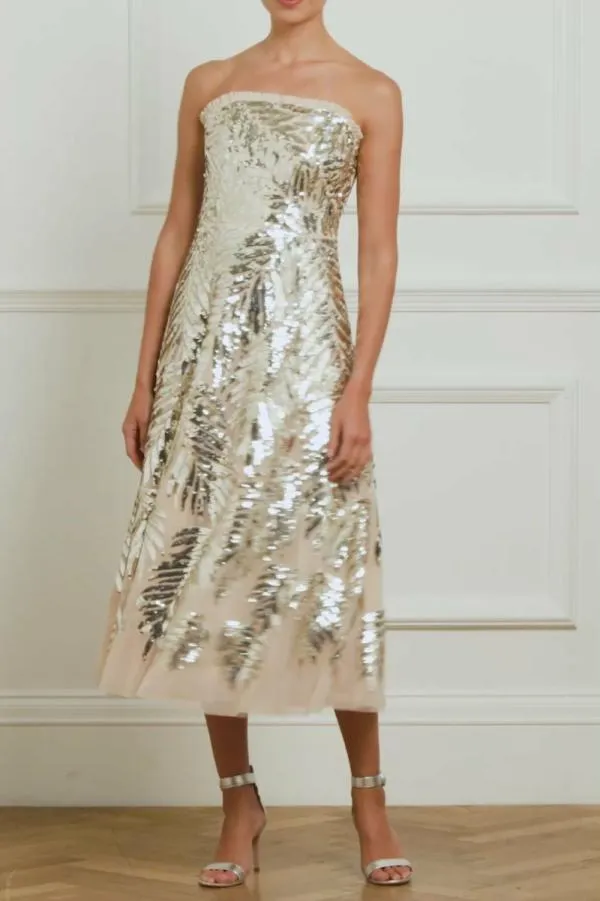 Women Needle and Thread Feather Sequin Strapless Ballerina Dress Beige Women Needle and Thread Feather Sequin Strapless Ballerina Dress Beige