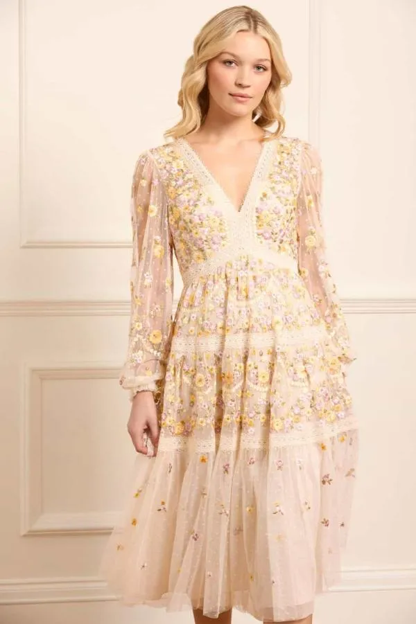 Women Needle and Thread Garland Ribbon Midaxi Dress Champagne