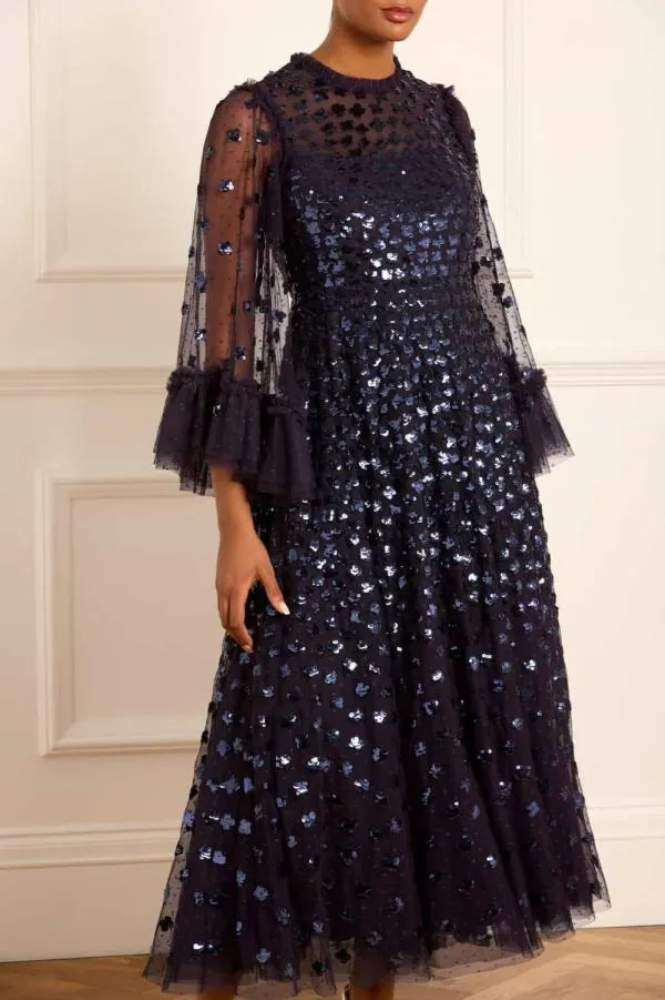 Women Needle and Thread Glisten Long Sleeve Ankle Gown Blue