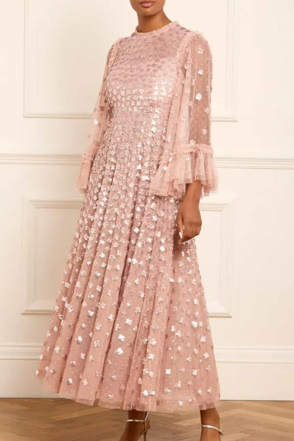 Women Needle and Thread Glisten Long Sleeve Ankle Gown Pink