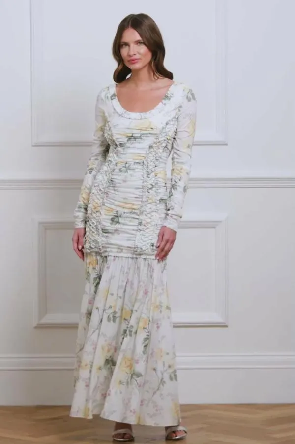 Women Needle and Thread Rose Crepe Long Sleeve Gown Multi