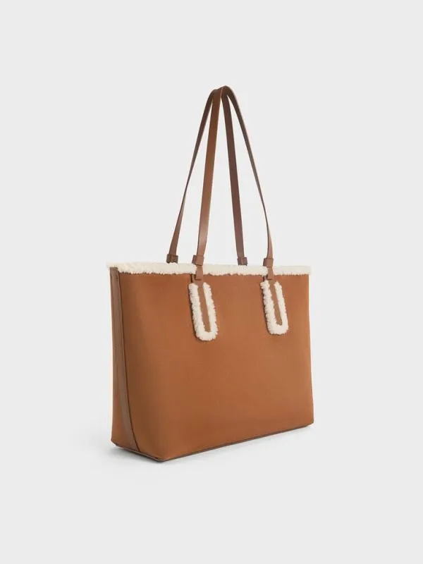 Women Noelle Faux Suede FurTrim Tote Bag 8211 Brown CHARLES and KEITH Tote Bags