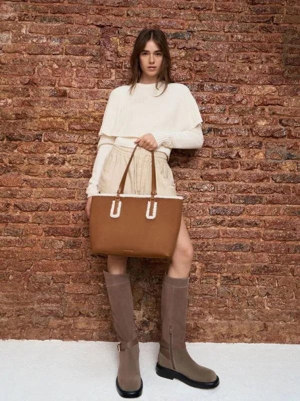 Women Noelle Faux Suede FurTrim Tote Bag 8211 Brown CHARLES and KEITH Tote Bags