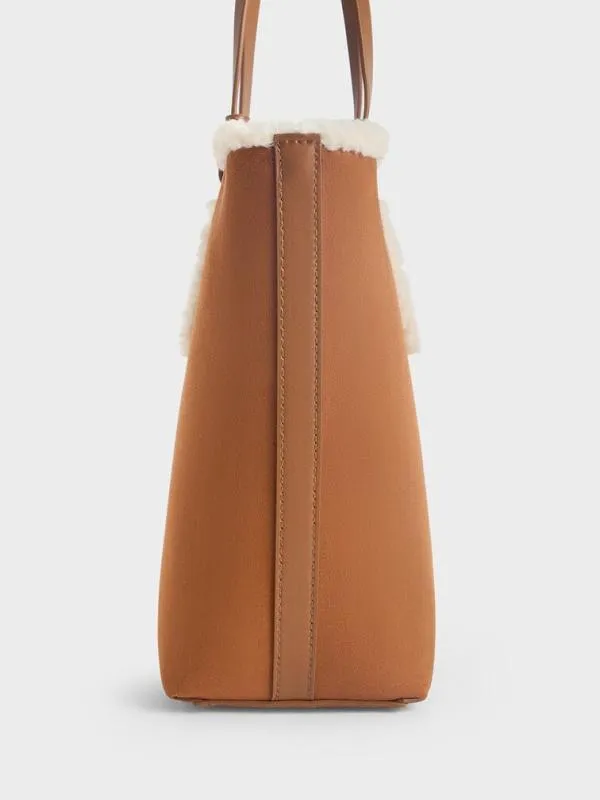 Women Noelle Faux Suede FurTrim Tote Bag 8211 Brown CHARLES and KEITH Tote Bags