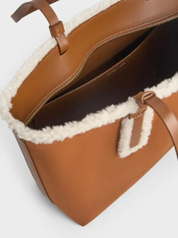 Women Noelle Faux Suede FurTrim Tote Bag 8211 Brown CHARLES and KEITH Tote Bags