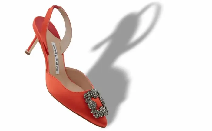 Women Orange Satin Jewel Buckle Slingback Pumps Manolo Blahnik Pumps