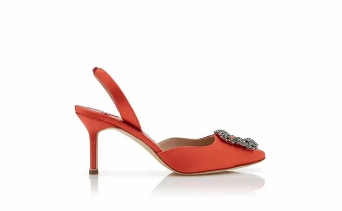 Women Orange Satin Jewel Buckle Slingback Pumps Manolo Blahnik Pumps