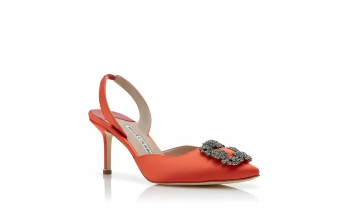 Women Orange Satin Jewel Buckle Slingback Pumps Manolo Blahnik Pumps