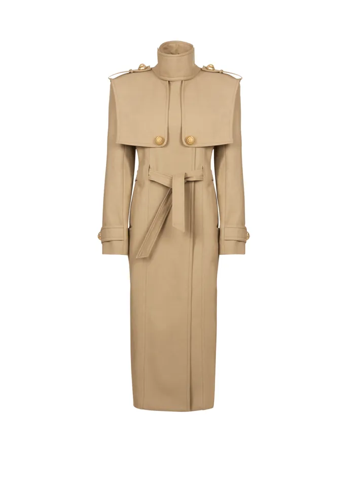 Women Outerwear Balmain Belted Trench Coat In Waterrepellent Cotton Beige