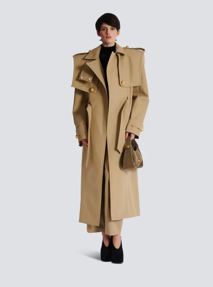 Women Outerwear Balmain Belted Trench Coat In Waterrepellent Cotton Beige