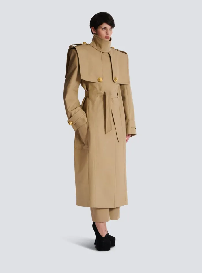 Women Outerwear Balmain Belted Trench Coat In Waterrepellent Cotton Beige