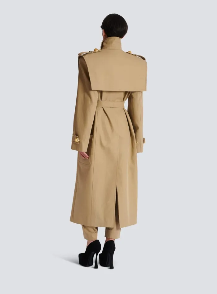 Women Outerwear Balmain Belted Trench Coat In Waterrepellent Cotton Beige