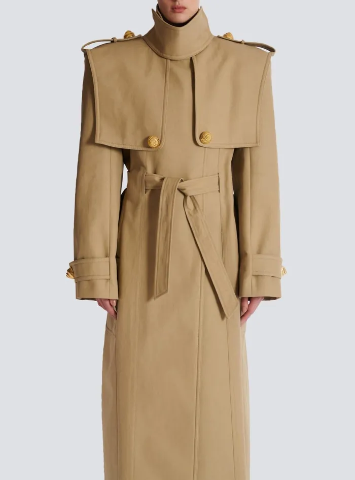 Women Outerwear Balmain Belted Trench Coat In Waterrepellent Cotton Beige