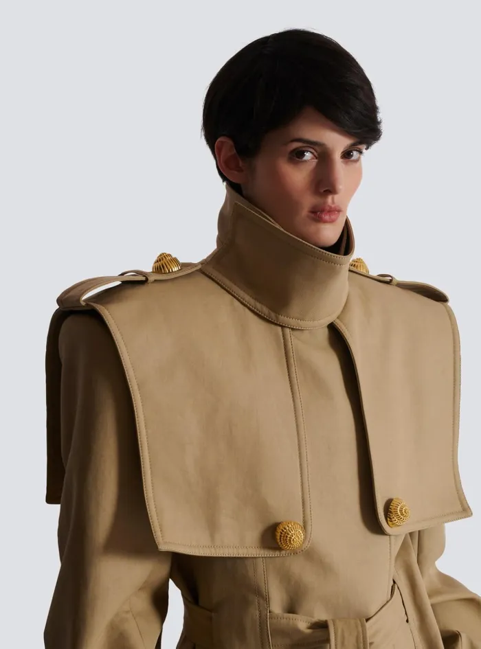 Women Outerwear Balmain Belted Trench Coat In Waterrepellent Cotton Beige