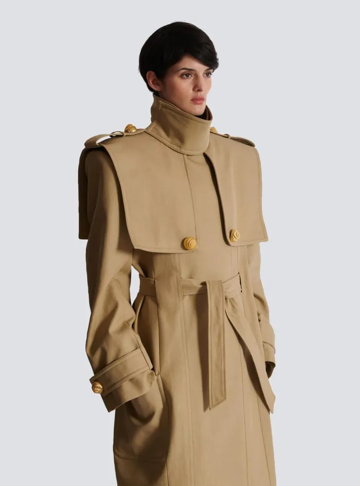 Women Outerwear Balmain Belted Trench Coat In Waterrepellent Cotton Beige