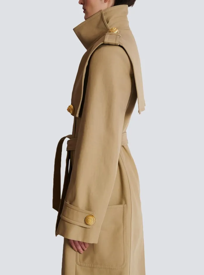 Women Outerwear Balmain Belted Trench Coat In Waterrepellent Cotton Beige